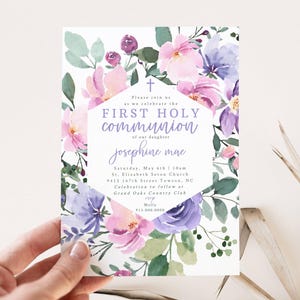 Floral Girl First Holy Communion Invitation Printable Template, Purple Pink Floral Communion Invitation, Easy to Edit, Try Before You Buy