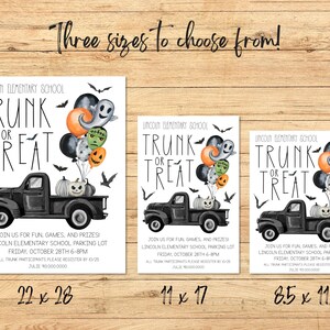 May include: Three printable Halloween party invitation designs for a trunk or treat event. The invitations feature a black pickup truck with pumpkins and a ghost, Frankenstein, and jack-o-lantern balloons. The invitations are available in three sizes: 56 x 71 cm, 28 x 43 cm, and 21.5 x 28 cm.