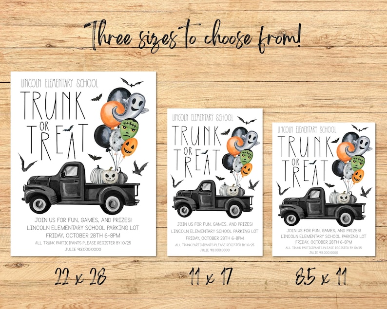 May include: Three printable Halloween party invitation designs for a trunk or treat event. The invitations feature a black pickup truck with pumpkins and a ghost, Frankenstein, and jack-o-lantern balloons. The invitations are available in three sizes: 56 x 71 cm, 28 x 43 cm, and 21.5 x 28 cm.