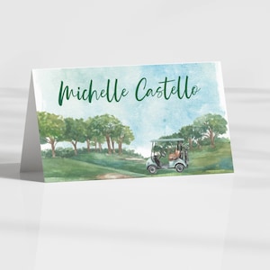 Modelo para impressão de cartões de lugar de golfe, modelo de cartão de lugar plano e com tenda com tema de golfe, cartões de lugar para festa de aposentadoria de golfe, experimente antes de comprar