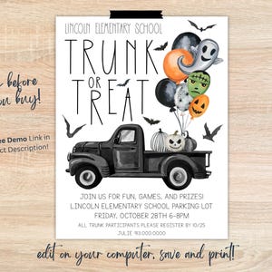 May include: A printable invitation for a Trunk or Treat event at Lincoln Elementary School. The invitation features a black and white illustration of a vintage pickup truck with a bed full of pumpkins. The truck is decorated with colourful balloons with Halloween-themed faces. The text on the invitation reads "Trunk or Treat" and includes details about the event, including the date, time, and location.