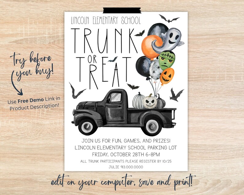 May include: A printable invitation for a Trunk or Treat event at Lincoln Elementary School. The invitation features a black and white illustration of a vintage pickup truck with a bed full of pumpkins. The truck is decorated with colourful balloons with Halloween-themed faces. The text on the invitation reads "Trunk or Treat" and includes details about the event, including the date, time, and location.