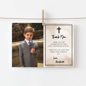 Carte de remerciement photo pour la première communion numérique imprimable Carte de remerciement de communion numérique moderne minimaliste noir beige beige