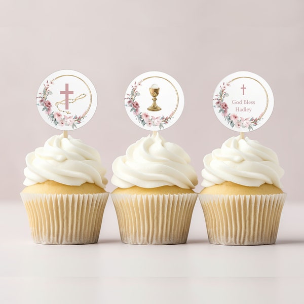 Communion Cupcake Topper Dusty Rose First Holy Communion Printable Instant Download Round Cupcake Toppers Print at Home Try Before You Buy