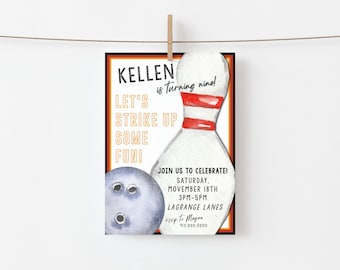 Puede incluir: Una invitación a una fiesta de cumpleaños con temática de bolos con una ilustración de acuarela de un pin de bolos y una bola. El texto dice "¡Kellen cumple nueve! ¡Vamos a hacer algunos strikes! ¡Únete a nosotros para celebrarlo! Sábado, 18 de noviembre, 3pm-5pm, Lagrange Lanes, rsvp a Megan, 913.000.0000"
