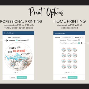 May include: A screenshot of a website showing two options for downloading a printable design. The first option is for professional printing and includes the option to show bleed. The second option is for home printing and includes the option to print multiples per page. The design features a cartoon shark monster truck with the text "Thank you for crashing my party" and "From Lucas".