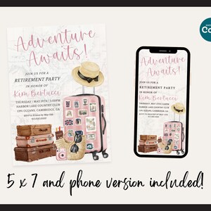 Travel Retirement Invitation Template, Adventure Awaits, Editable Template, Pink Retirement, Printable 5x7 Invitation and Phone Version image 5