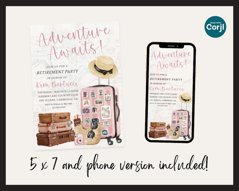 Travel Retirement Invitation Template, Adventure Awaits, Editable Template, Pink Retirement, Printable 5x7 Invitation and Phone Version image 5
