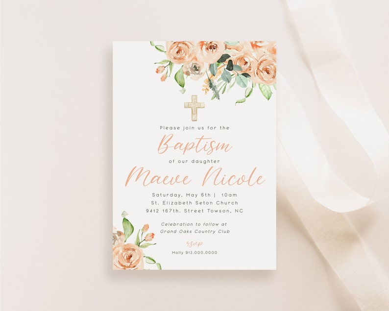 Baptism Invite Girl Peach Coral Blush Green Floral Printable Template