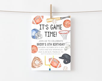 Sport verjaardag uitnodiging voetbal basketbal honkbal afdrukbare sjabloon sport thema uitnodiging digitale afdrukbare Try Before You Buy