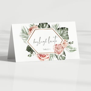 Modelo para impressão de cartão de lugar de casamento tropical boho Cartões de lugar de casamento com palmeiras boho blush Adicionar opção de refeição Cartões de lugar de tenda plana fáceis de imprimir