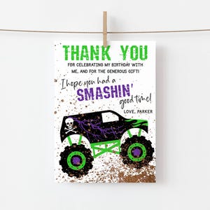 Carte de remerciement pour fête d'anniversaire Monster Truck Modèle imprimable Carte de remerciement instantanée Monster Truck pour fossoyeur à essayer avant d'acheter