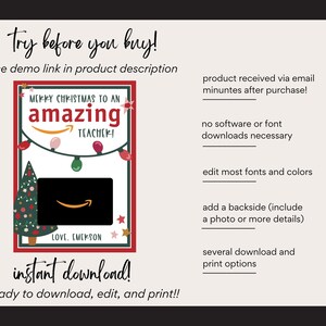 May include: Printable Christmas gift tag with a red and green border. The tag features a Christmas tree, lights, and the text "Merry Christmas to an amazing Teacher!"  The tag also includes a space for a personalised message and a download button.