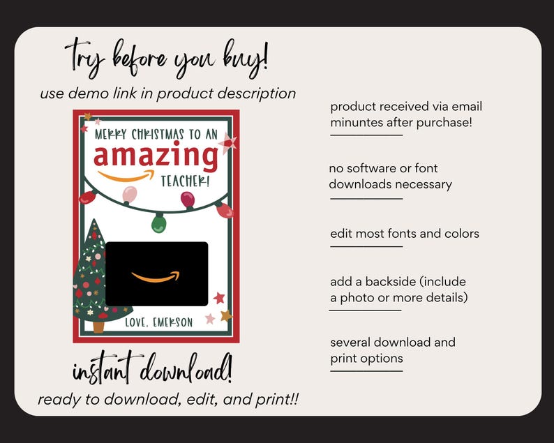 May include: Printable Christmas gift tag with a red and green border. The tag features a Christmas tree, lights, and the text "Merry Christmas to an amazing Teacher!"  The tag also includes a space for a personalised message and a download button.