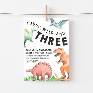 Dinosaur 3rd Birthday Invite Printable Template Dino 3rd Birthday Dinosaur Third Birthday Young Wild and Three Try Before You Buy