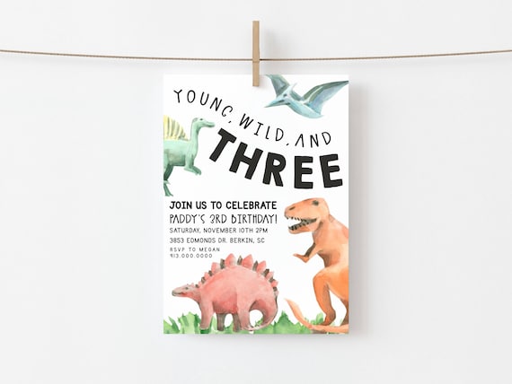 Dinosaur 3rd Birthday Invite Printable Template Dino 3rd Birthday Dinosaur Third Birthday Young Wild and Three Try Before You Buy