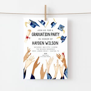 Graduation Party Invitation Printable Template Graduation Party Invite Digital Textable, Blue Graduation Party evite Print Text Easy to Edit