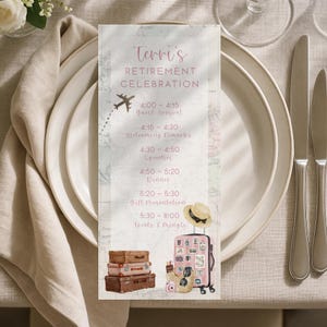 May include: A retirement celebration menu card with a travel theme. The card features a schedule, a suitcase, stacked vintage suitcases, a hat, and sunglasses. The text reads "Terri's Retirement Celebration" with a schedule of events.