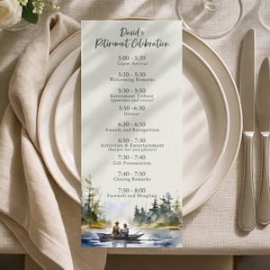 May include: A menu card for David's Retirement Celebration, featuring a watercolor illustration of a lake scene with a boat. The menu lists the event's schedule, including guest arrival, remarks, dinner, awards, activities, gift presentation, and farewell.