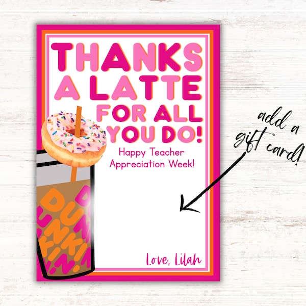 Teacher Appreciation Dunkin' Donuts Gift Card Printable Template Instant Download Teacher Appreciation Thank You Card Teacher Gift Card