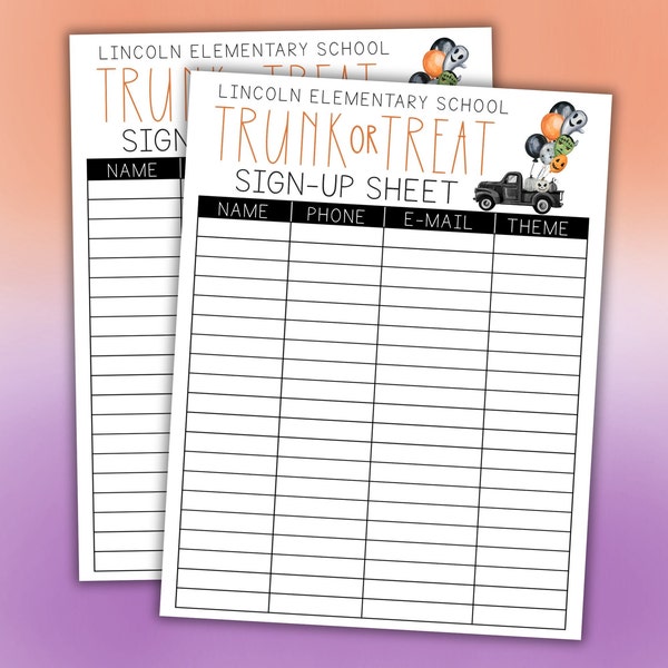 Trunk or Treat Sign Up Sheet Printable Template, Halloween Trunk or Treat Sign UP Form, Try Before You Buy, Custom Instant Download