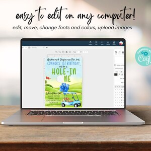 May include: A laptop computer screen displaying a golf-themed birthday invitation for a 1-year-old. The invitation features a cartoon golf cart with blue balloons and the text "Birdies and Eagles are Fun, but CONNOR'S 1ST BIRTHDAY will be a HOLE-IN-ONE".
