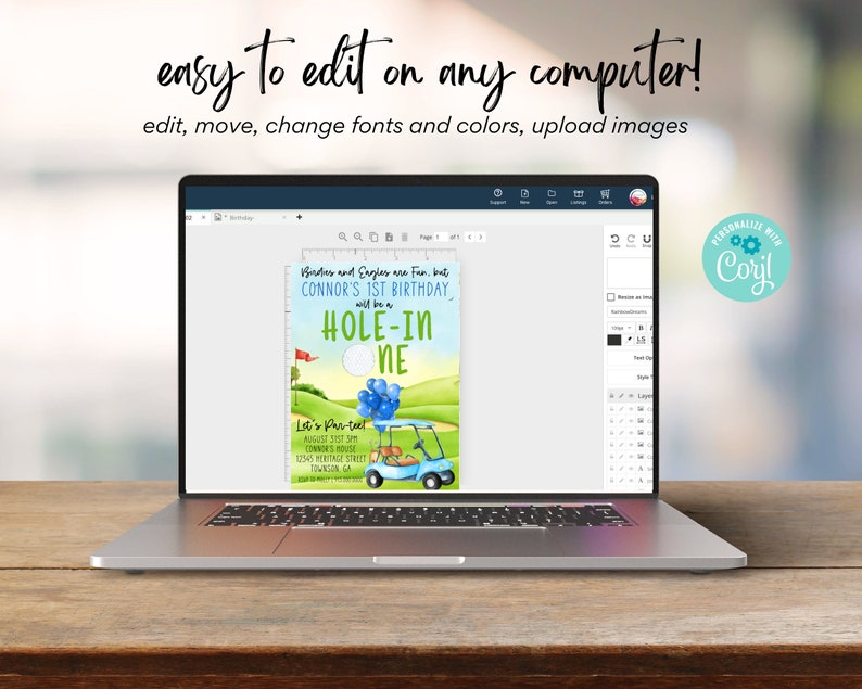 May include: A laptop computer screen displaying a golf-themed birthday invitation for a 1-year-old. The invitation features a cartoon golf cart with blue balloons and the text "Birdies and Eagles are Fun, but CONNOR'S 1ST BIRTHDAY will be a HOLE-IN-ONE".