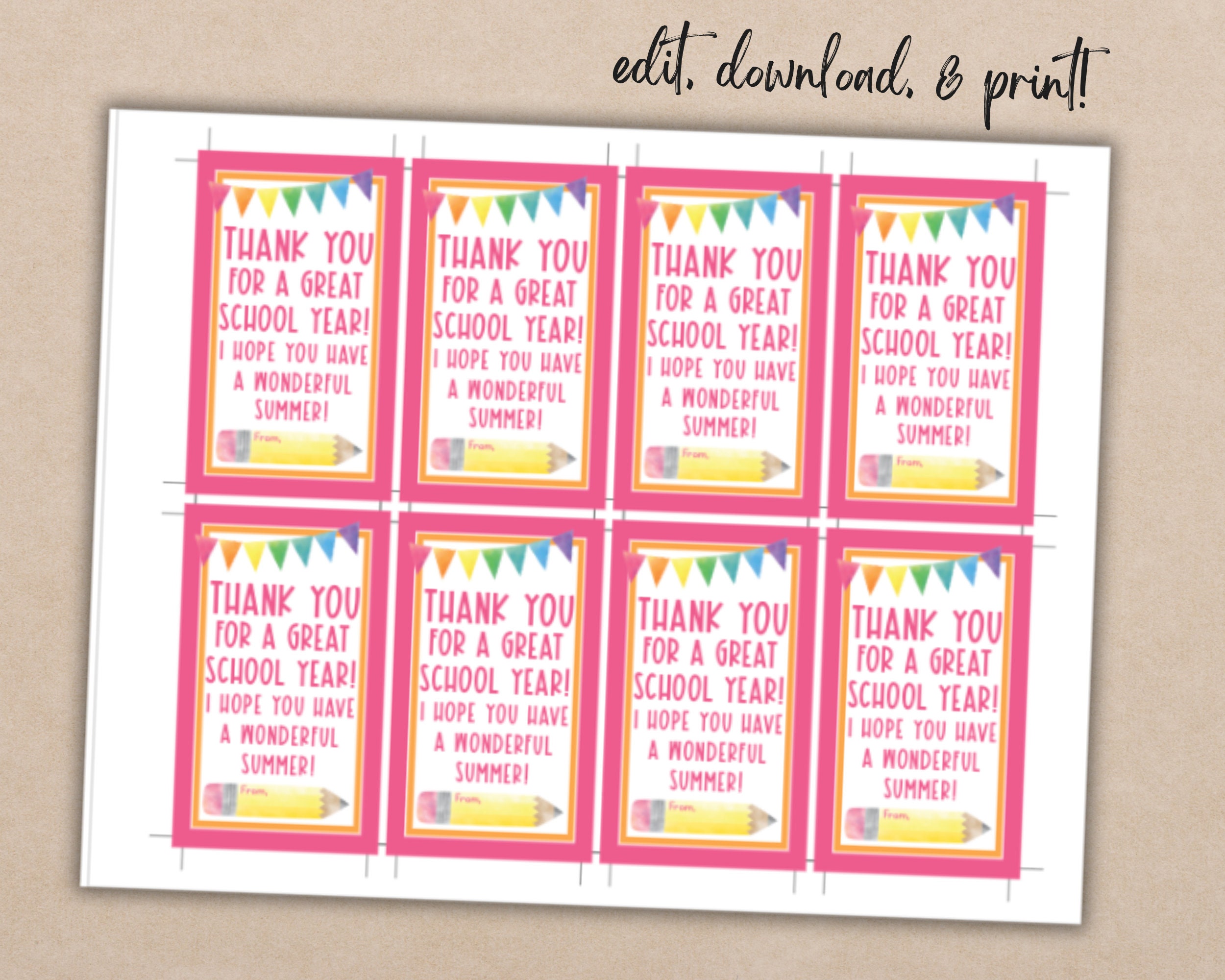 Thank You Teacher End of Year Gift Tag Printable Template School Staff ...