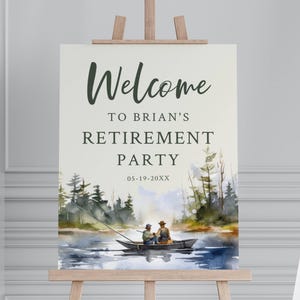 Op de afbeelding: Welkom bij Brian's Retirement Party-bord met een aquarel-illustratie van twee mensen in een boot die vissen op een meer. De datum 05-19-20XX staat onder de tekst.