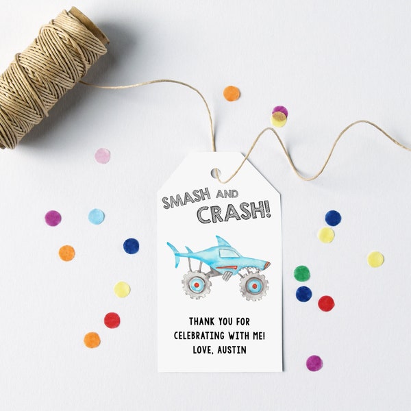 Megalodon Monster Truck Birthday Thank You Party Favor Tag Printable Template, Monster Truck Party Favor Tag Template