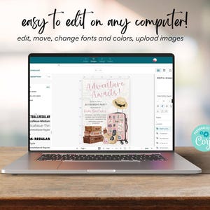 May include: A laptop displays a digital invitation design for a retirement party. The invitation features a pink suitcase, a hat, and the words "Adventure Awaits!" in a script font. The text "easy to edit on any computer!" is at the top.