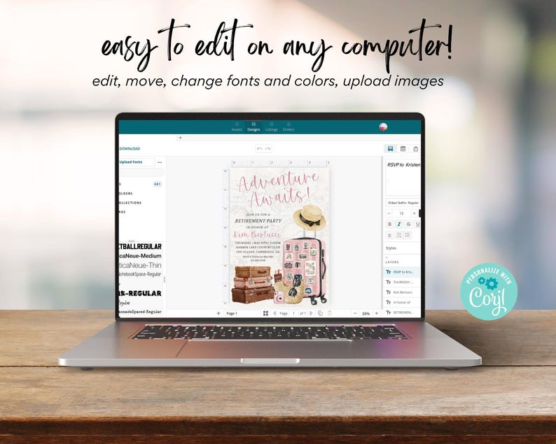 May include: A laptop displays a digital invitation design for a retirement party. The invitation features a pink suitcase, a hat, and the words "Adventure Awaits!" in a script font. The text "easy to edit on any computer!" is at the top.