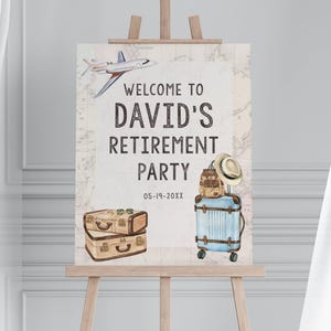 Modello poster di benvenuto per festa di pensionamento Tema di viaggio L'avventura attende Cartello di benvenuto stampabile per celebrazione della pensione Prova prima di acquistare