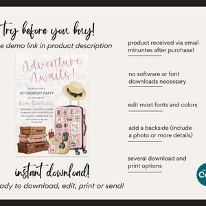 May include: A digital invitation for a retirement party with the text "Adventure Awaits!" in pink script. The design includes a suitcase, hat, and travel-themed illustrations. The invitation is an instant download, ready to edit, print, or send.