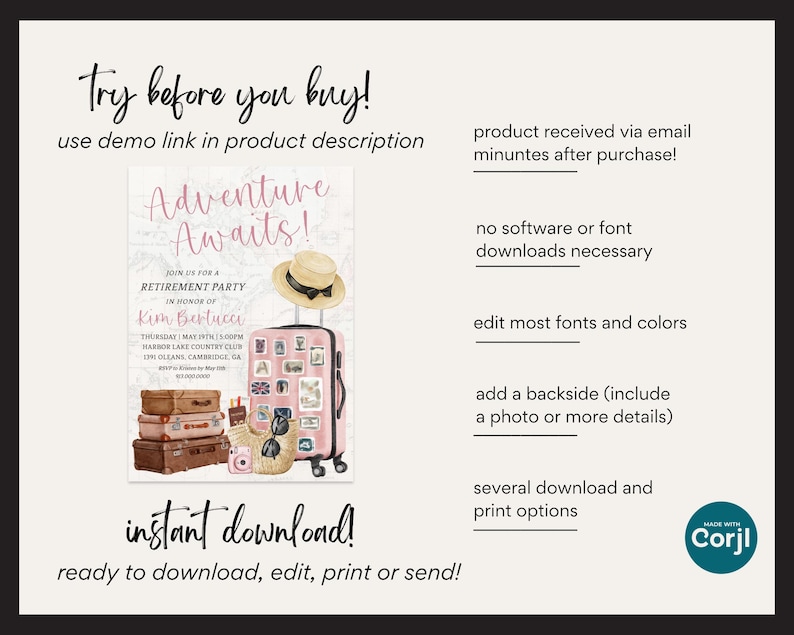 May include: A digital invitation for a retirement party with the text "Adventure Awaits!" in pink script. The design includes a suitcase, hat, and travel-themed illustrations. The invitation is an instant download, ready to edit, print, or send.