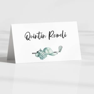 Modelo de cartões de lugar de golfe para impressão, modelo de cartão de lugar plano e com tenda com tema de golfe, cartões de lugar para aposentadoria no golfe, experimente antes de comprar