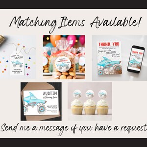 May include: A set of printable party decorations for a shark-themed birthday party. The set includes a thank you card, a favor tag, a cupcake topper, an invitation, and a phone background. The decorations feature a blue and white shark monster truck with the text "Smash and Crash" and "Austin is turning four".