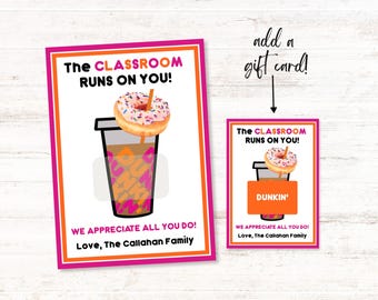 Teacher Appreciation Add Dunkin' Donuts Printable Gift Card Template, Digital Teacher Appreciation Thank You Card, Teacher Gift Card