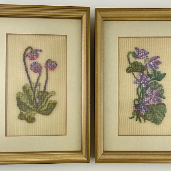 Vintage petit point floral wall art set of two, framed embroidery pictures, hand stitched small flower portraits, vintage needlepoint