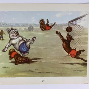 Boris O'Klein unframed vintage art print, Dirty Dogs of Paris "Goal", Dogs playing soccer/football, funny sports wall decor