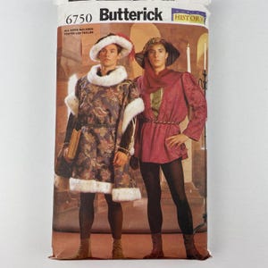 May include: A Butterick pattern envelope showing two people in historical costumes. The costumes include ornate tunics, hats, and tights. The envelope has the number 6750 and the word "HISTORY" printed on it.