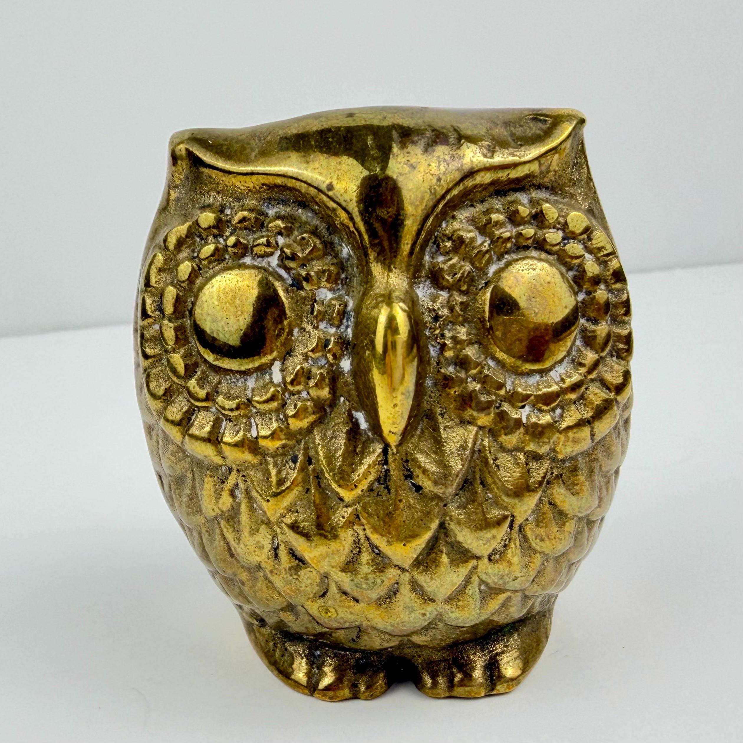 Vintage Small Brass Owl Figurine Paperweight MCM Retro 2.5 in Tall