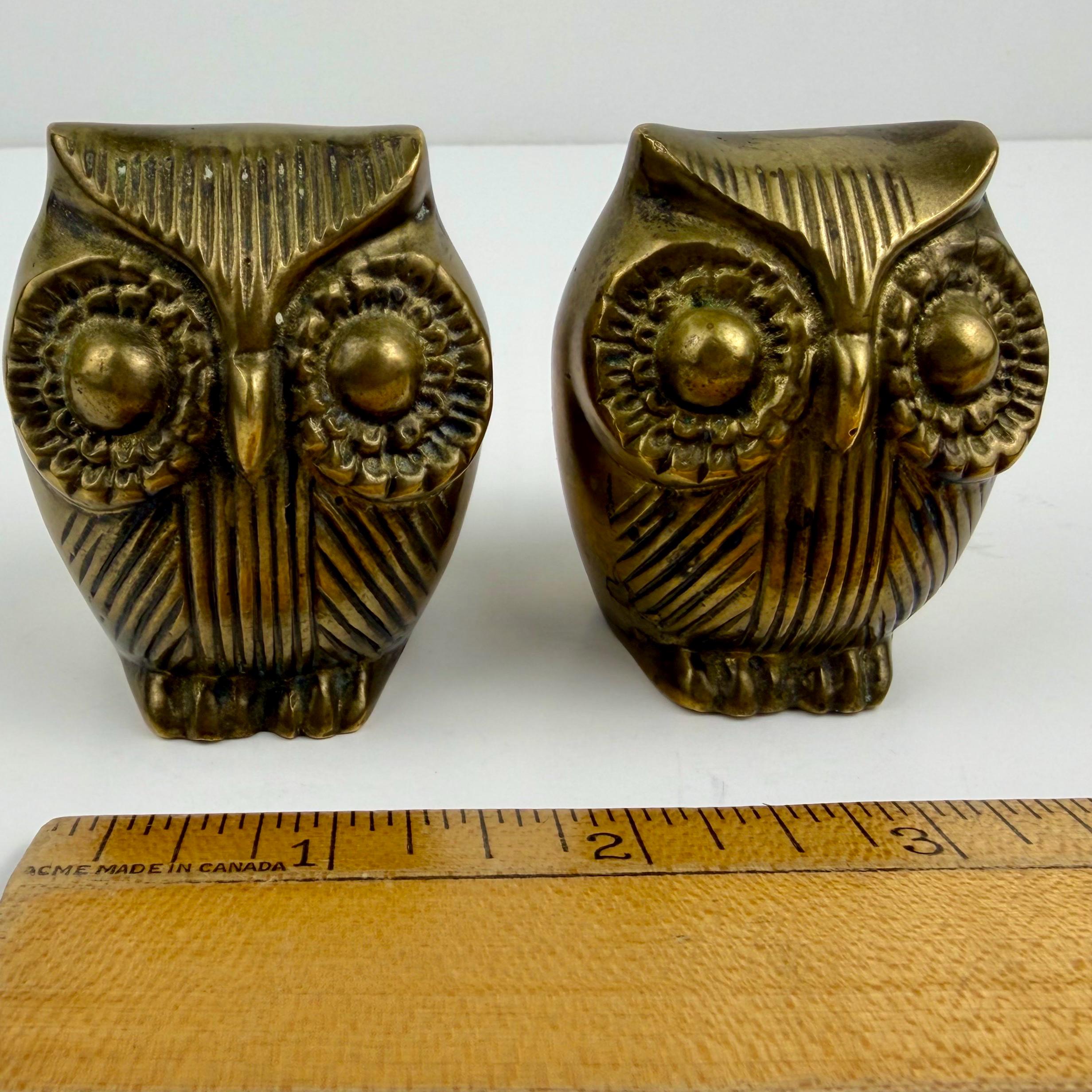 Vintage Small Brass Owl Figurines Pair of Two MCM Matching 2 x 2.25 in
