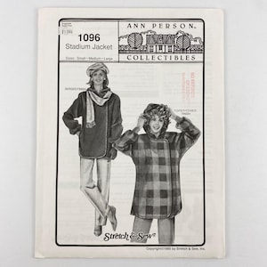 May include: A vintage sewing pattern for a stadium jacket, with illustrations of the jacket in various styles. The pattern includes sizes small, medium, and large. The Ann Person Collectibles pattern is from Stretch & Sew.