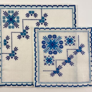 Vintage cross stitched table linen set of two, small square doilies, folk art handmade needlework