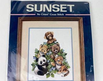 Sunset vintage no-count cross stitch kit, Cuddly Critters, 10" x 12" needle craft kit unopened, child nursery decor