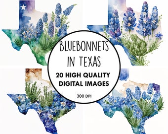 Bluebonnets in Texas Watercolor - 20 High Quality JPGs - Digital Download - Floral Flower Wedding Decor Clip Art Digital Paper Craft