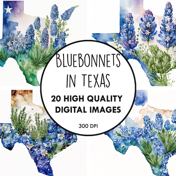 Bluebonnets in Texas Watercolor - 20 High Quality JPGs - Digital Download - Floral Flower Wedding Decor Clip Art Digital Paper Craft