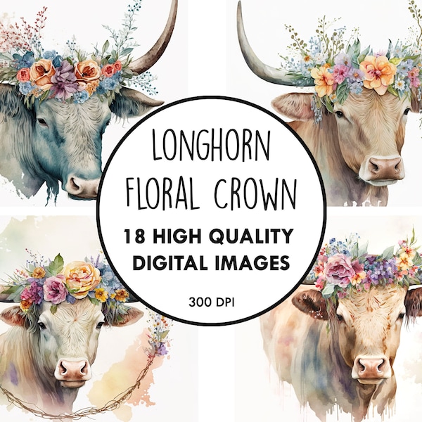 Cute Longhorn with Floral Crown Watercolor - 18 High Quality JPGs - Digital Download - Nursery Birthday Decor Clip Art Digital Paper Craft