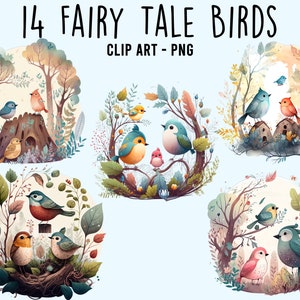Aquarelle Fairy Tale Birds Clipart - Beautiful Cute Summer Spring Digital Art for Card Making, Scrapbook, Junk Journal, Paper Crafts